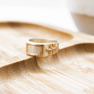 Anillo de plata con marco y apliques de oro (mesa curva)