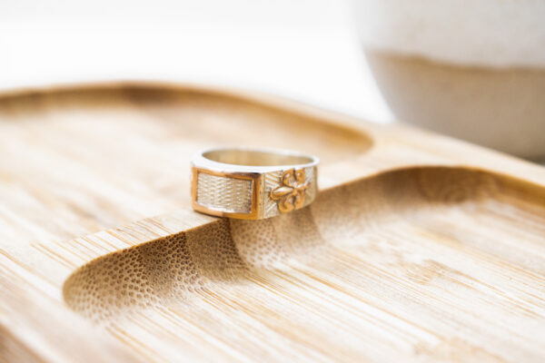 Anillo de plata con marco y apliques de oro (mesa curva)